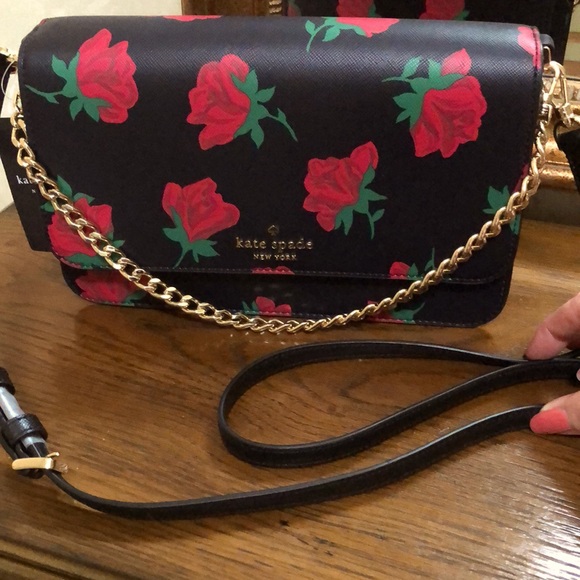 New Kate Spade black and red roses removable crossbody or chain handle purse. - Picture 2 of 16